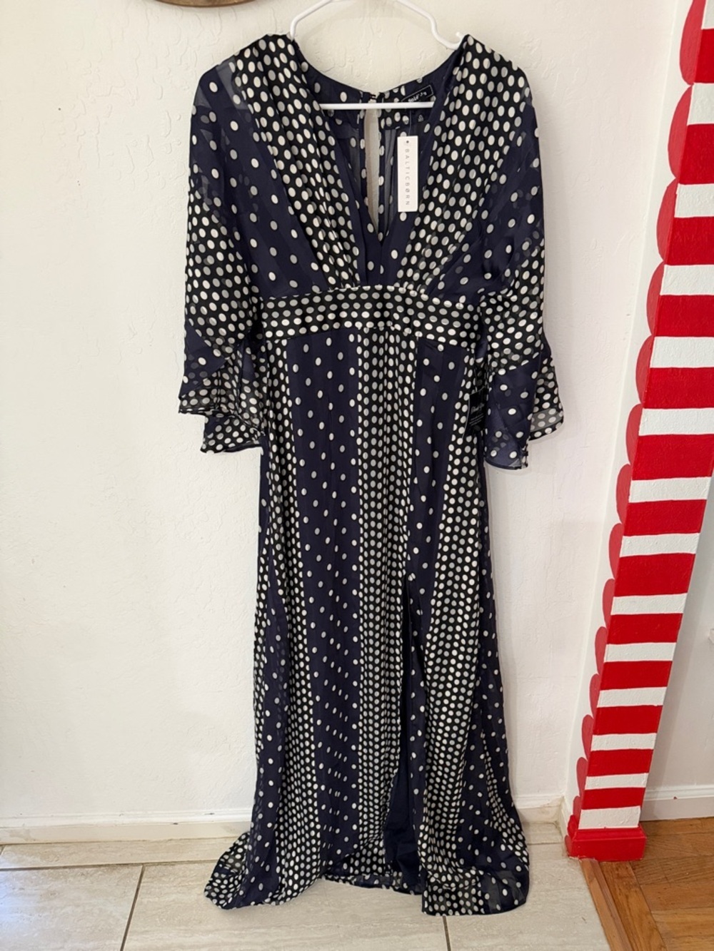 Baltic Born Soieblu Navy Blue Polka Dot Kimono Sleeve Maxi Dress Small - Picture 2 of 4